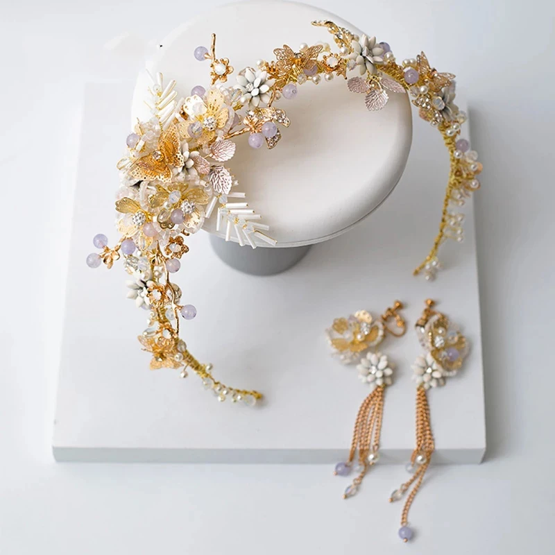 NiuShuya diadema de mariposa de flores de Color dorado hecha a mano, accesorios para el cabello de boda, joyería para la cabeza de fiesta de graduación para niñas