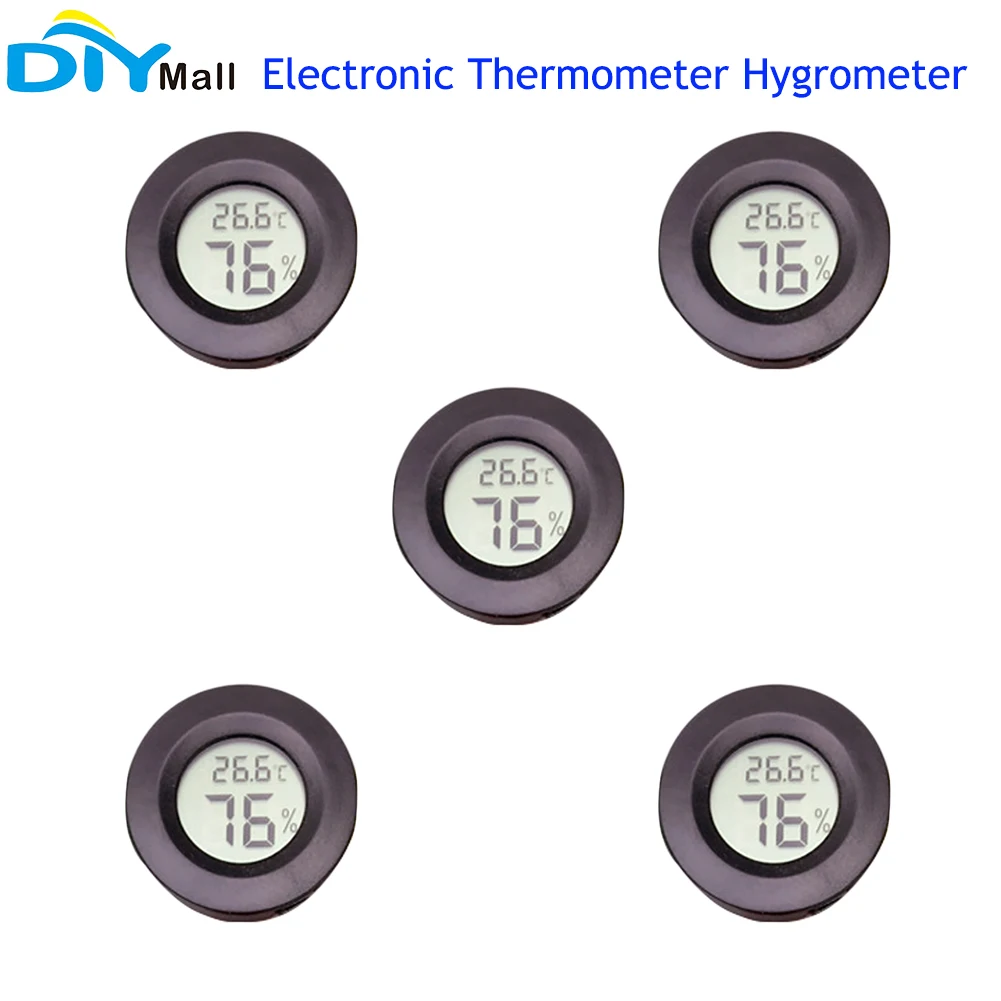 5PCS Round Electronic Thermometer Hygrometer LCD Display Black Easy Use for Laboratory Experiment Need LR44 Button Battery