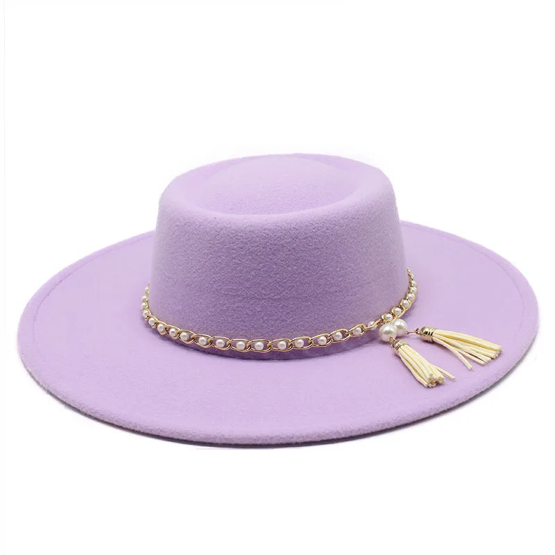 Fedora hat pearl chain series autumn and winter ring flat top fashion men and women felt jazz hat Fedora шляпа женская