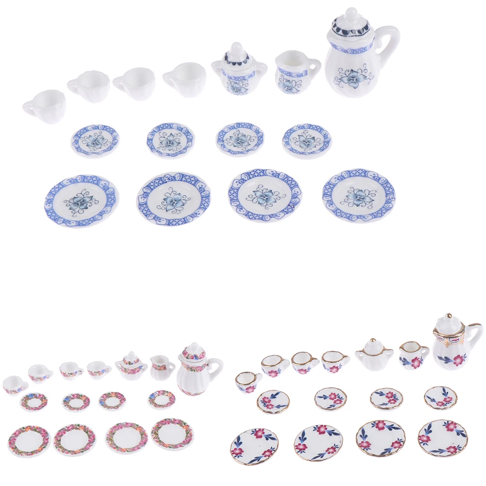 New 1:12 Miniature 15Pcs Porcelain Tea Cup Set Flower Tableware Kitchen Dollhouse Furniture Toys For Children