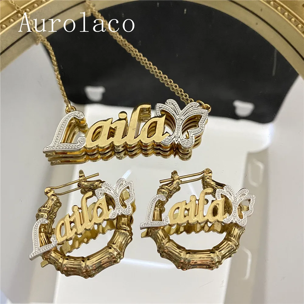 

AurolaCo Custom Name Jewelry Set With Butterfly New Ladies Hoop Earrings Custom Name Earrings Gold Heart Earrings Holiday Gifts