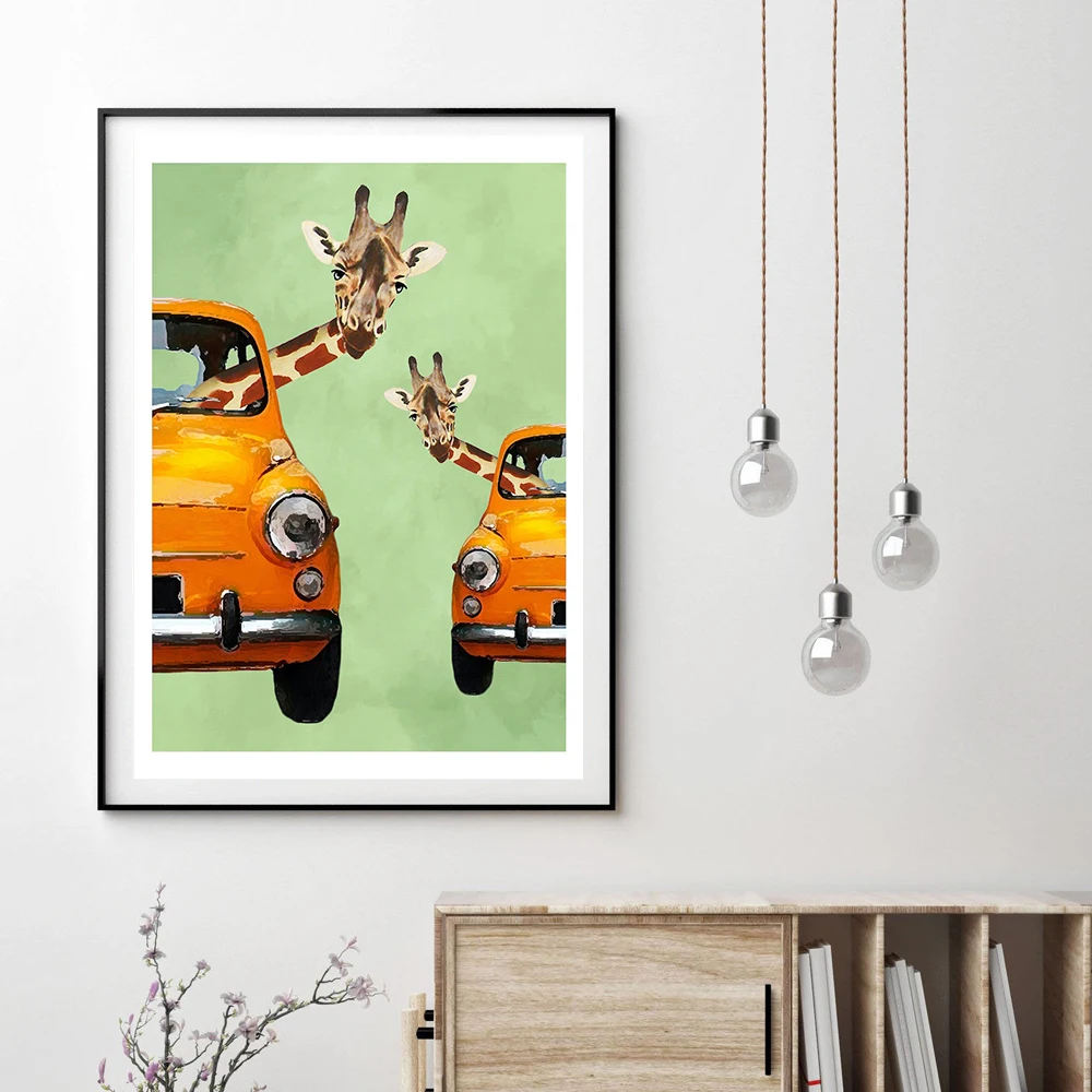 Baby Nursery Yellow Walls - Giraffen in gele auto's Cartoon canvas