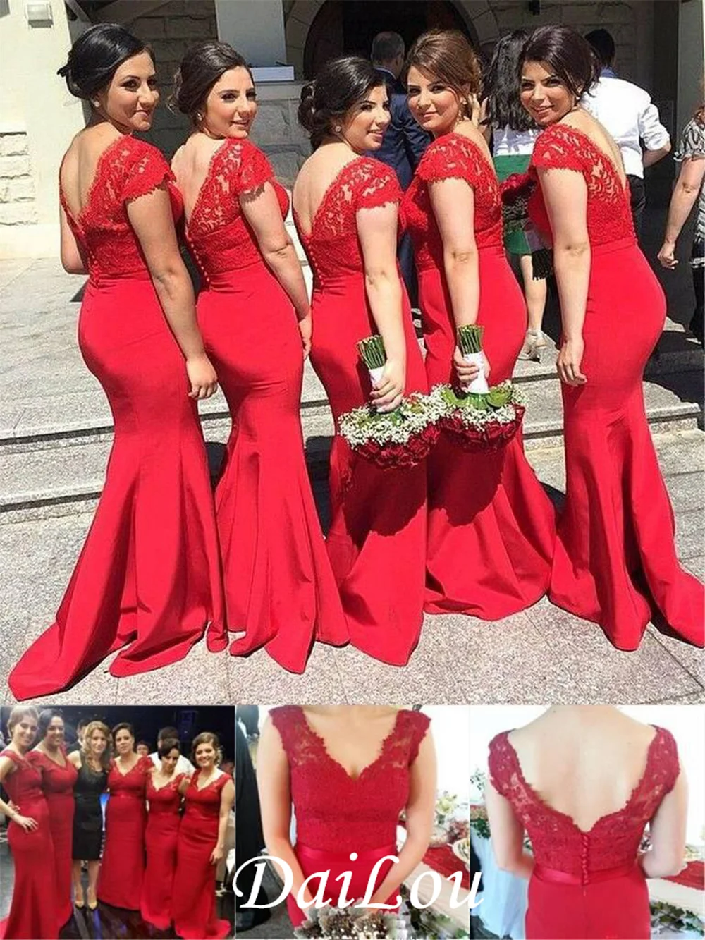 Vestido de dama de honor rojo sin mangas con botones y cremallera, traje de corte trompeta/sirena con cuello en V y escobilla, 2022