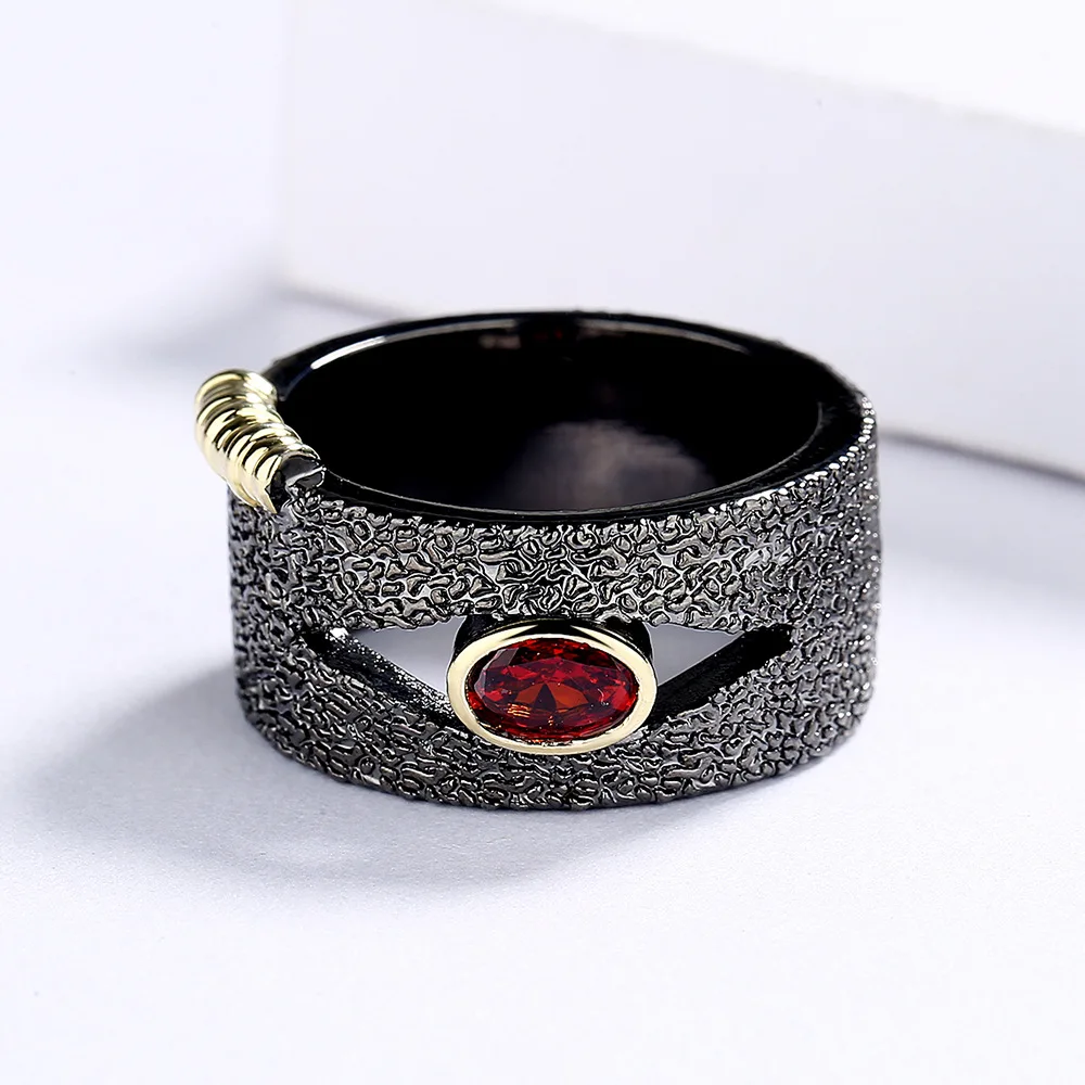 2021 Exquisite Fashion Horse Eye czerwona cyrkonia pierścionek z czarnego złota dla pań imprezowa, koktajlowa biżuteria prezent — zdjęcie 7
