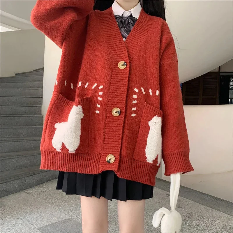 Cute Print Oversized Cardigan Woman Sweater Korean Style Loose Big Pocket Knitted Sweater Autumn Winter V-neck Warm Sweater Coat