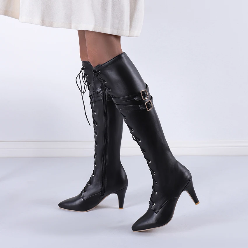 Oversized Pointed Toe Cross Lace-Up Boots Sexy Cat Heel Double Belt Buckle Motorcycle Boots Street Trend Female Knee-Length Boot