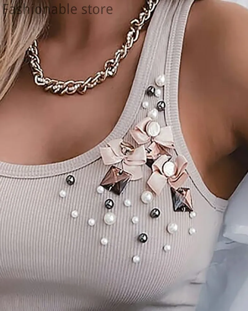 Women Casual Sleevelee Tops Bowknot Decor Beaded Casual Tank Top Female Camisole