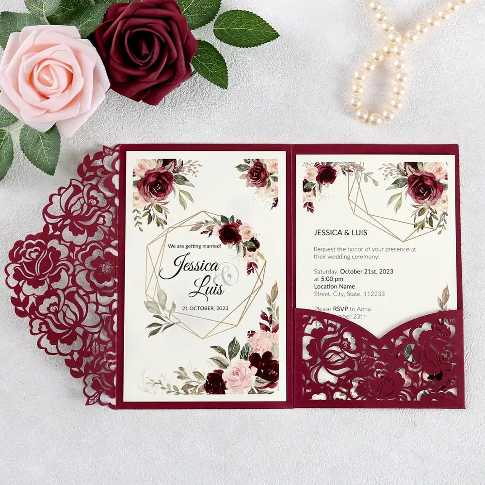 100pcs Burgundy Laser Cut Floral Invitation Cards for Wedding / Party / Quinceanera / Anniversary /  Birthday, CW0008