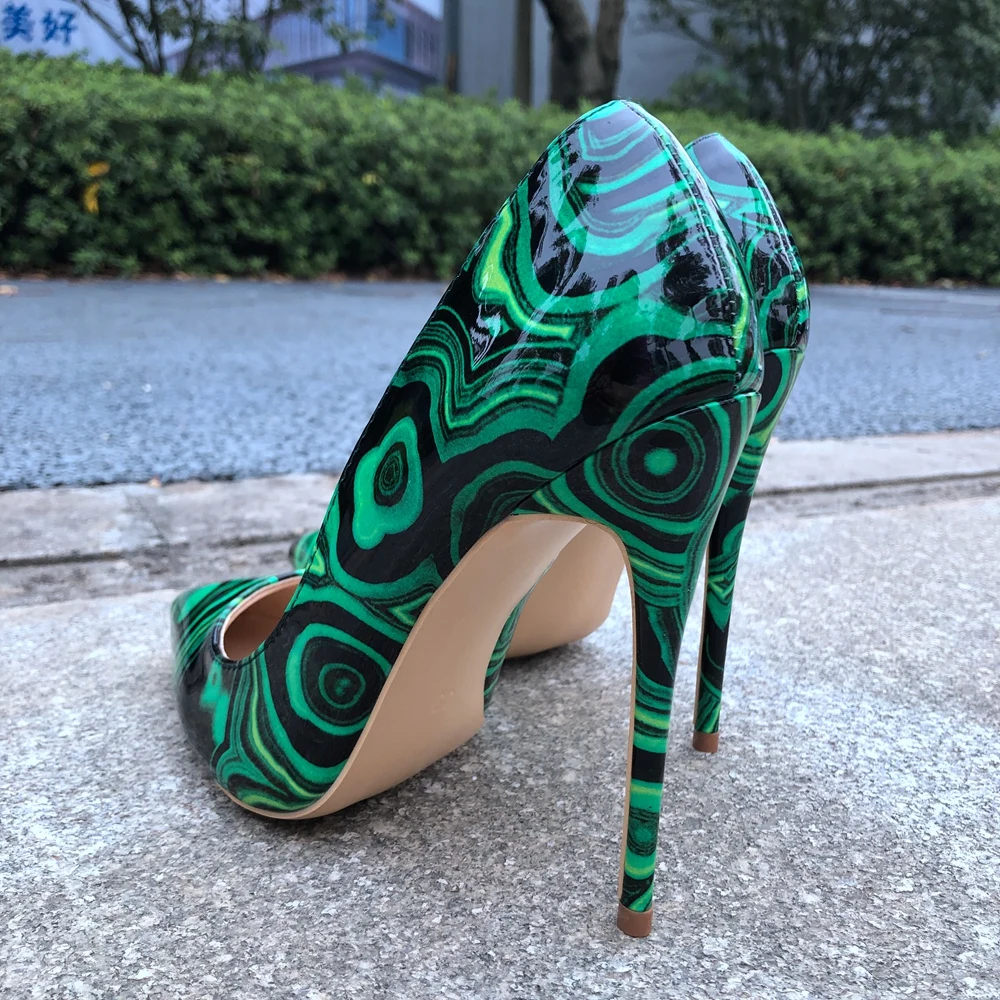 Tikicup Women Green Floral Print Patent Pumps Slip On Pointed Toe Stilettos Ladies Sexy Patterned High Heel Party Dress Shoes view 2