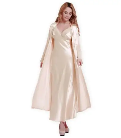 Fashion New Silk Robes + Nightdress Two-Piece Women Sleepwear Sexy Lace V-Neck Sleeping Robe Long-Sleeve Nightgowns FW001