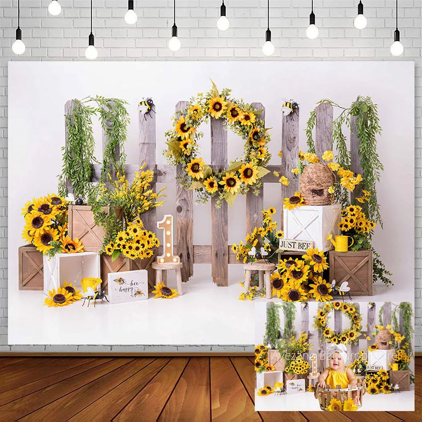 

Avezano Spring Backdrop Sunflower Wreath Wood Fence Newborn 1st Birthday Portrait Photography Background Photo Studio Decoration