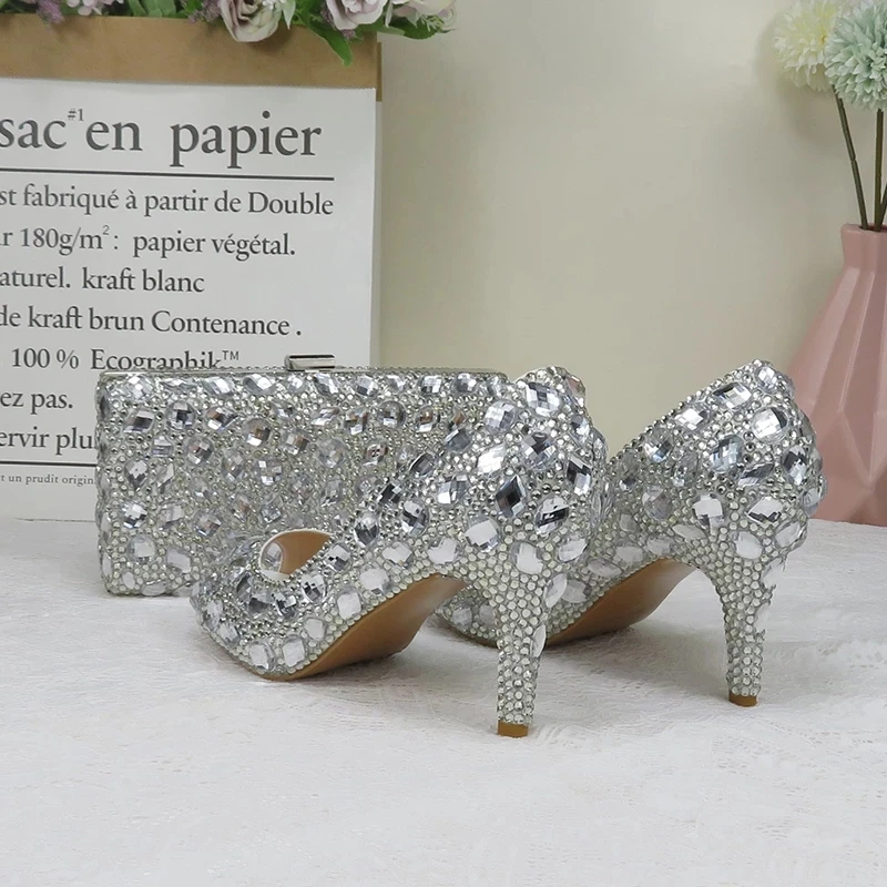 New Luxury Silver Crystal Sandals Bridal Wedding High Heels Women\'s Party Dress And Bag Set Pointed Toe Thin Heels Rhinestone