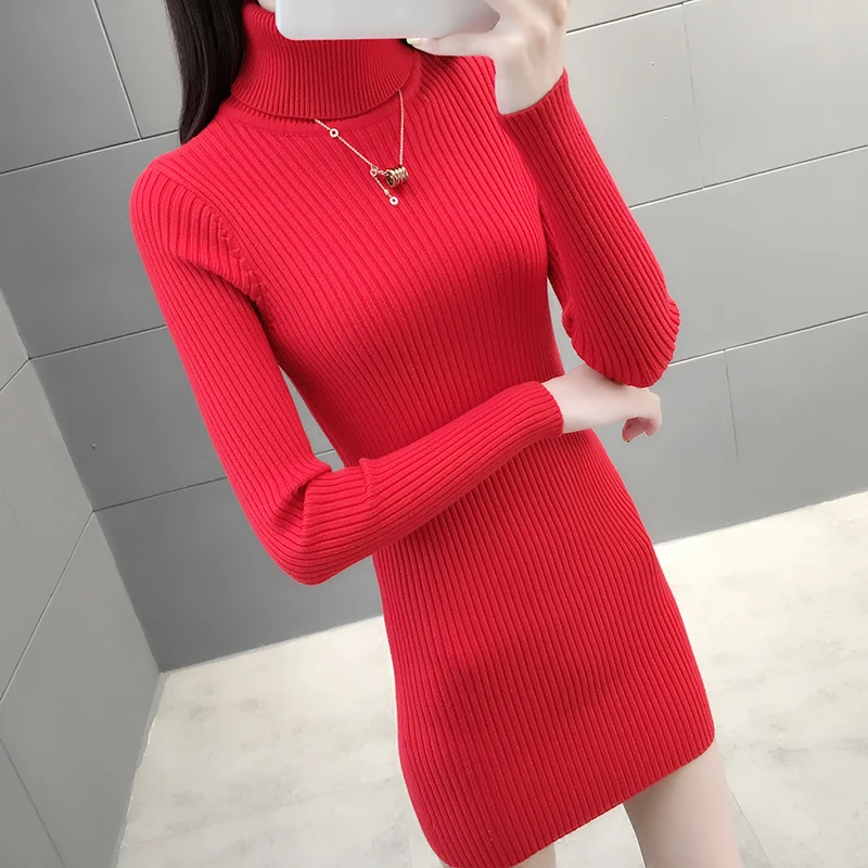 New Autumn Winter Turtleneck Sweater Female Outer Wear Mid-Length Thick Sweater Dress Women Tight-Fitting Knit Bottoming Shirt