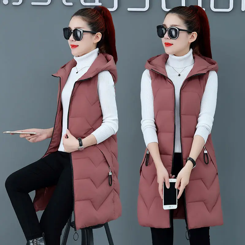 Women Hooded Long Vest Jacket 5XL Autumn Winter Fashion Slim Cotton padded Waistcoat Warm Loose Casual Sleeveless Outwear Female