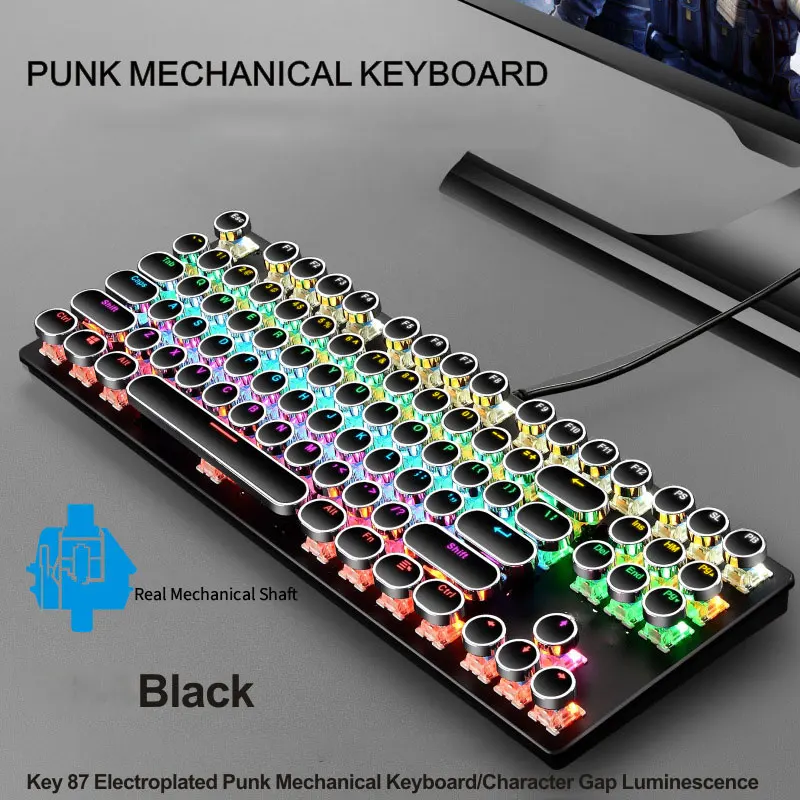 Electroplating Punk Mechanical Keyboard 87 Keys Blue Switch Gaming Keyboards 7-Color Backlight Wired Keyboard for Laptop Desktop