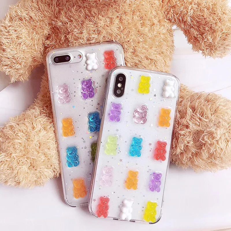 Cute 3D Stereo Candy Gummy Bear Glitter Phone Case For iPhone 15 14 13 12 11Pro Max X XS Max XR 11 13 Promax 14 15 Plus Cover