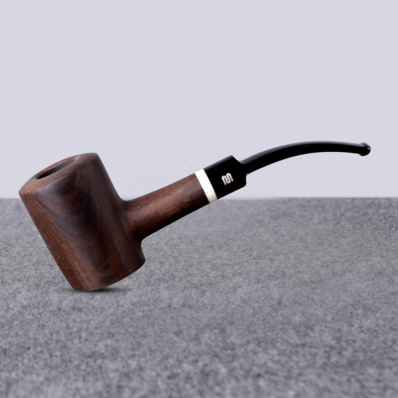 MUXIANG Hammer Style Flat Bottom Pipe, Smoke Bent Stem, Ebony Wood Tobacco Pipe, Fit for 9mm Filter, 10 Smoking Tool Kit, ac0035