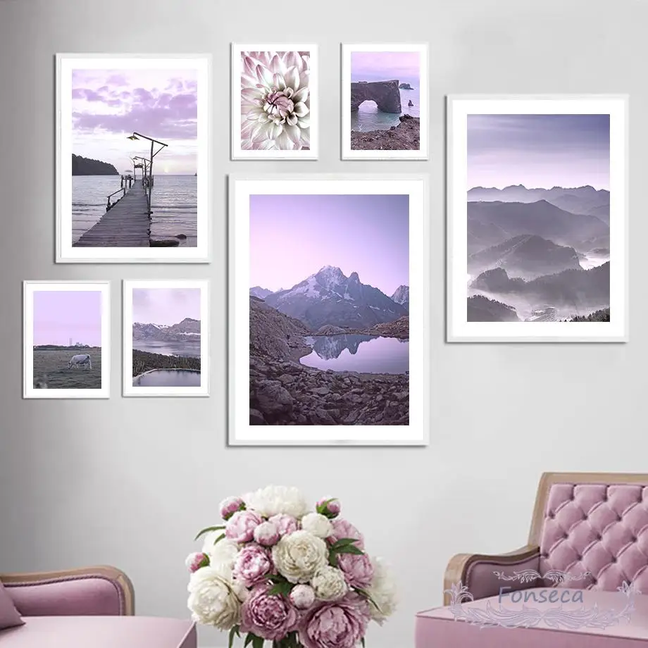 Nordic Purple Nature Scenery Posters and Prints Mountain Lake Bridge Cattle Flower Canvas Painting Wall Art Pictures Room Decor