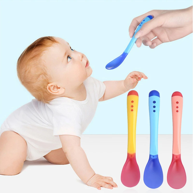 Baby Utensils Toddler Learning Feeding Spoon And Fork Gadgets Short Handle Feel Temperature Sensing Feeder Tableware For Dishes