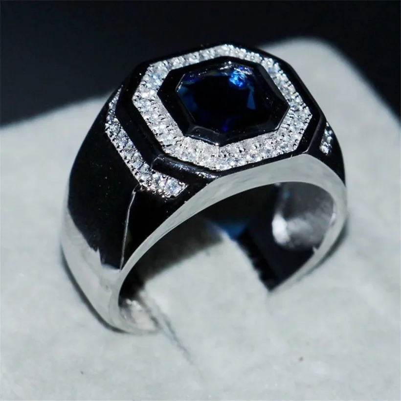Men\'s Luxury 925 Sterling Silver Blue Sapphire Rings Engagement Wedding Band ring jewelry boys