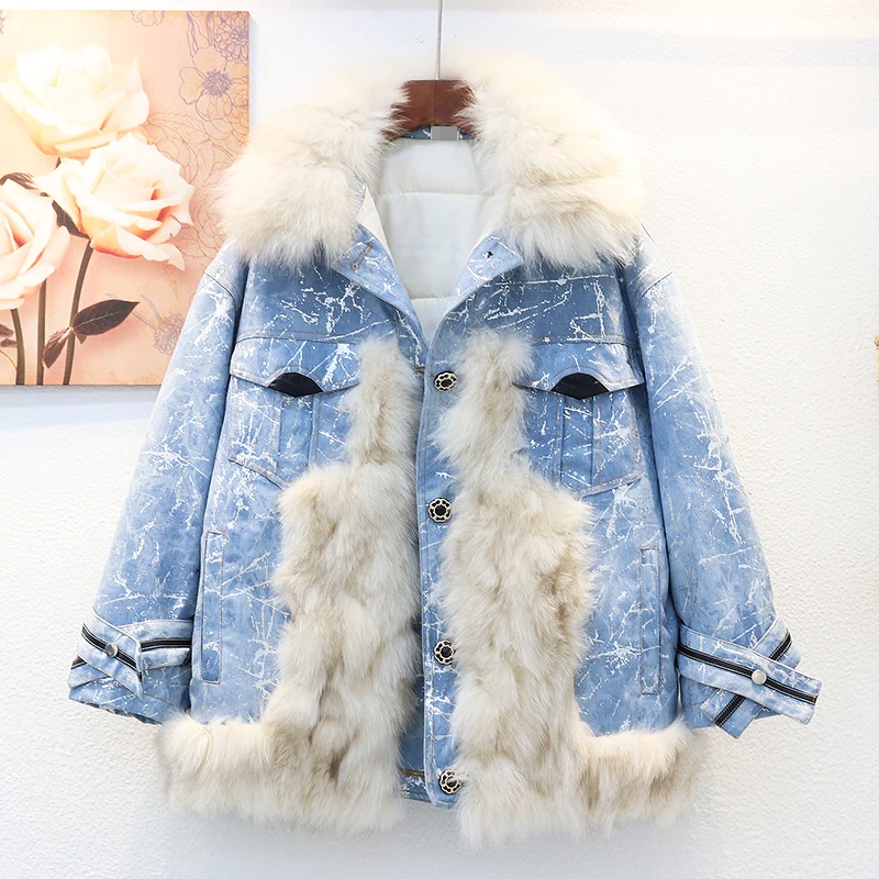 Short Winter Denim Parka Jacket For Women Thicken Warm Cotton Coats Female Fox Fur Collar Jackets Casual Loose Fur Outwear Jeans