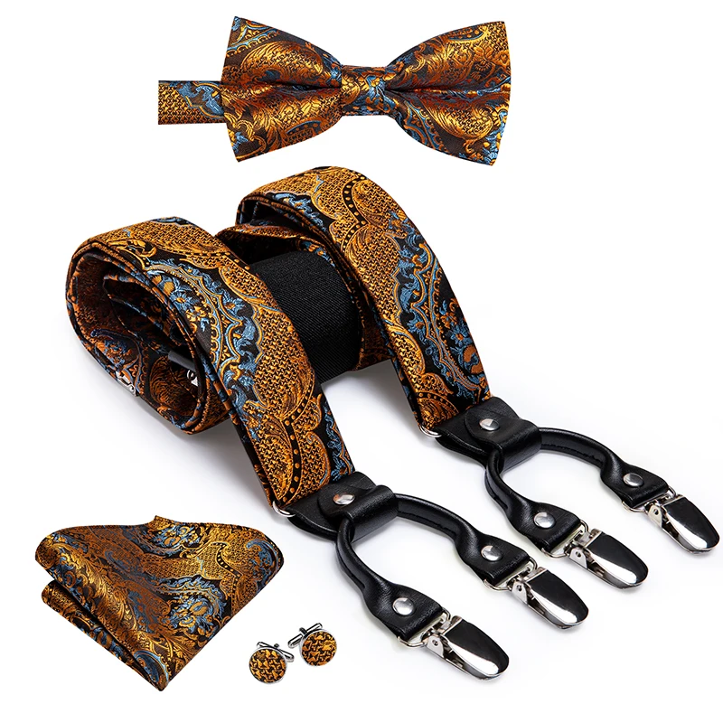 Hi-Tie Silk Adult Men\'s suspenders Set Leather Metal 6 Clips Braces Gold Yellow Floral Vintage Man Fashion Wedding Daily Male