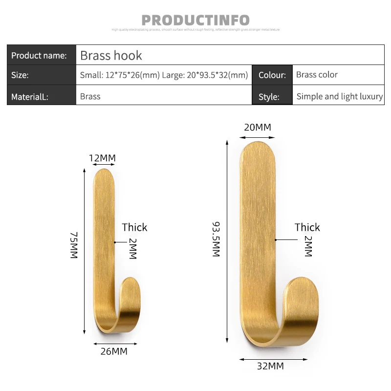 Gancio da parete in ottone per bagno, gancio appiccicoso senza perforazione per appendiabiti da cucina appendiabiti da parete appendiabiti per mobili