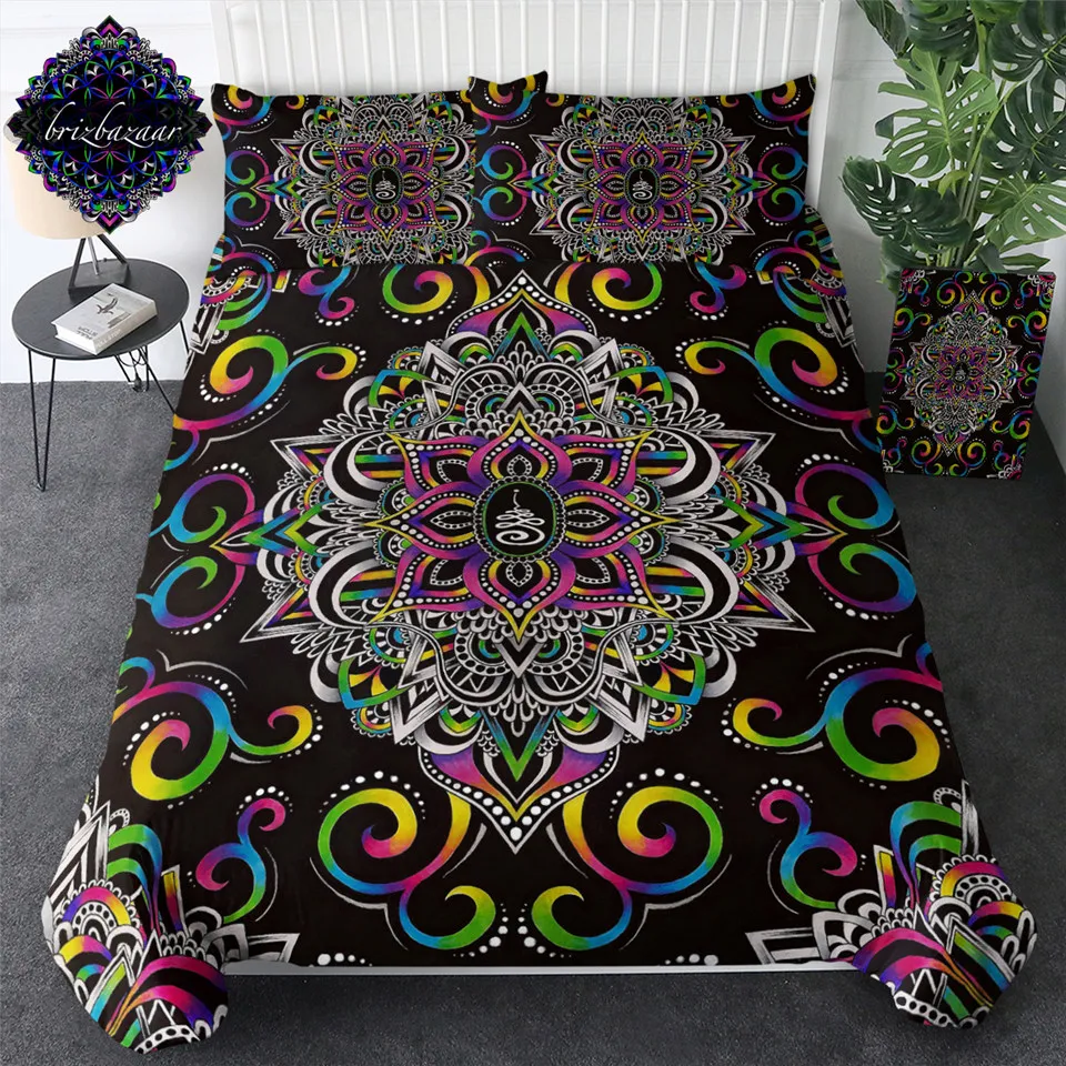 

Harmony Magic by Brizbazaar Bedding Set Mandala Floral Duvet Cover Colorful Bed Set 3-Piece Psychedelic Flower Black Bedclothes