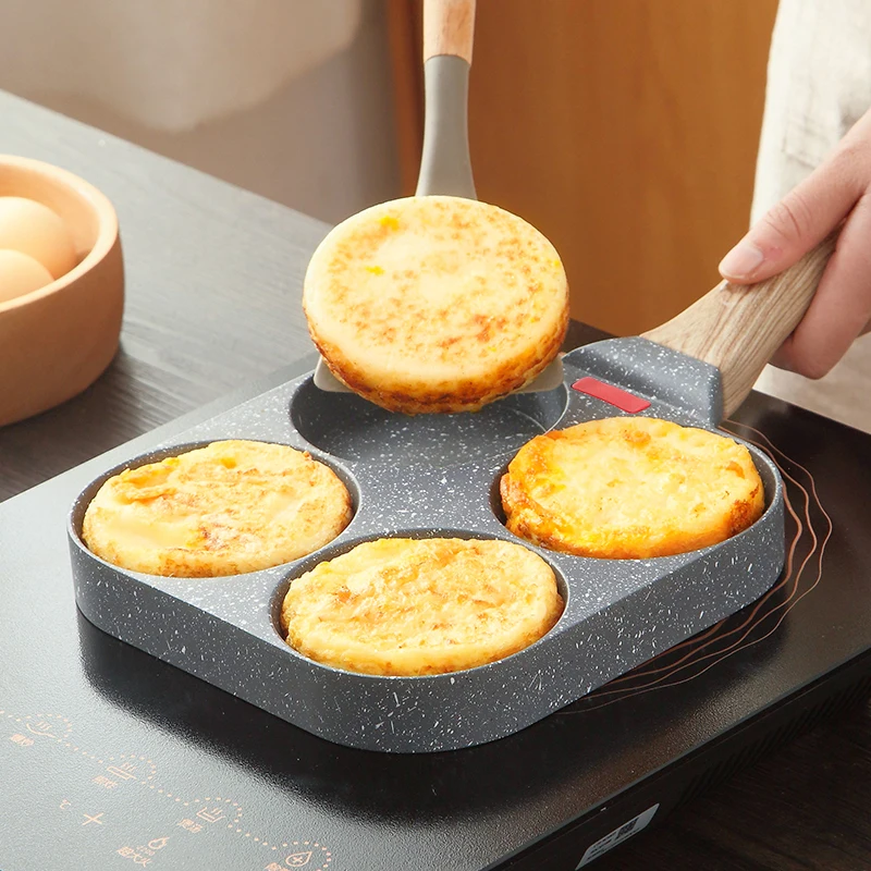 

New 4 Holes Egg Frying Pan Kitchen Tools Hamburger Nonstick Pot High Quality Wood Grain Handle Cooking Saucepan Cookware