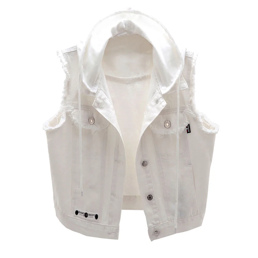 

Plus Size White Hooded Denim Jacket For Women Sleeveless Casual Waistcoat Top T-shirt Outside Clothes Single-breasted Vest