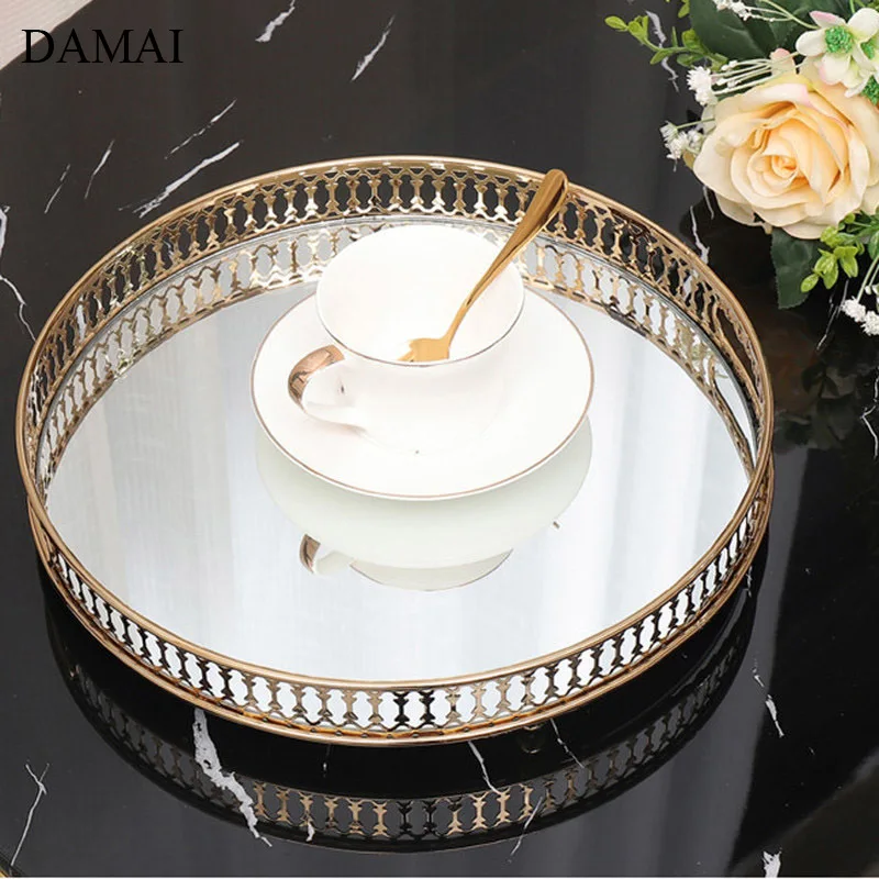 

Nordic Hollow Trays Decorative Gilded Craft Jewelry Mirror Round Tray Dressing Table Decoration Cosmetic Container Home Decor