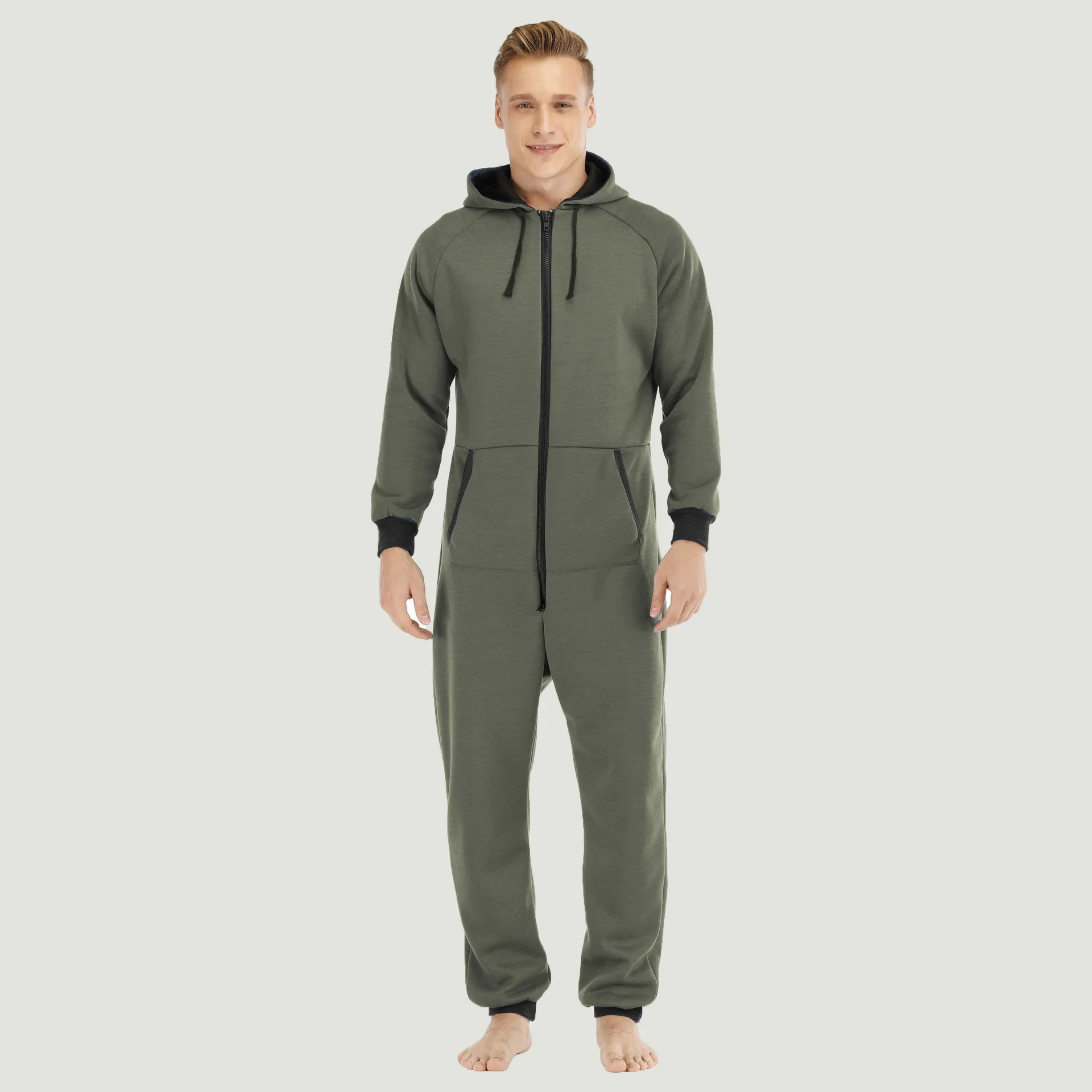 Pyjama à capuche pour homme adulte, combinaison chaude, duveteuse, vêtements de nuit, salon, une pièce, automne