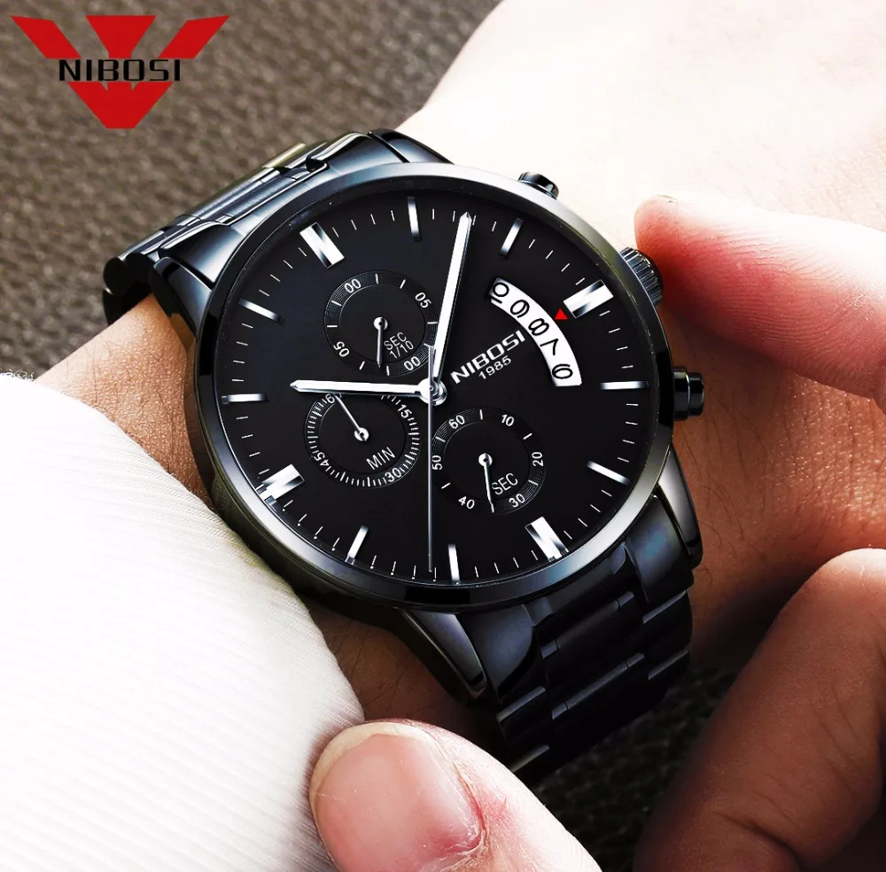 NIBOSI orologio al quarzo nero in acciaio inossidabile orologi da uomo Top Brand Luxury Chronograph orologi da polso maschile Relogio Masculino 2309