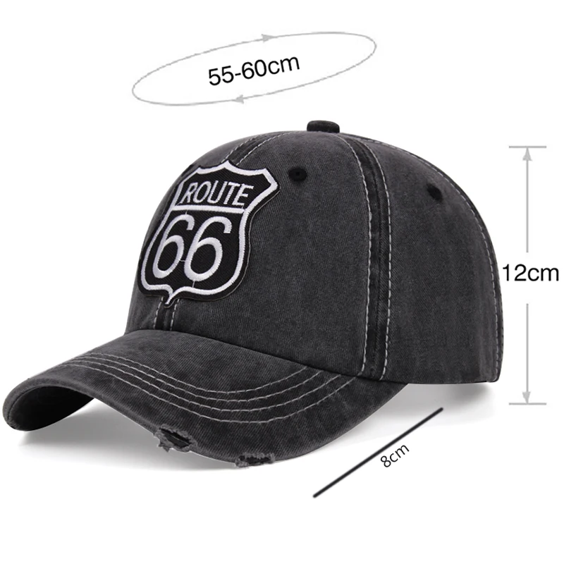 Trends Route 66 Embroidery Retro Washed Ladies Hat Unisex Sun Hat Baseball Cap For Men Adjustable Denim Dad Hat