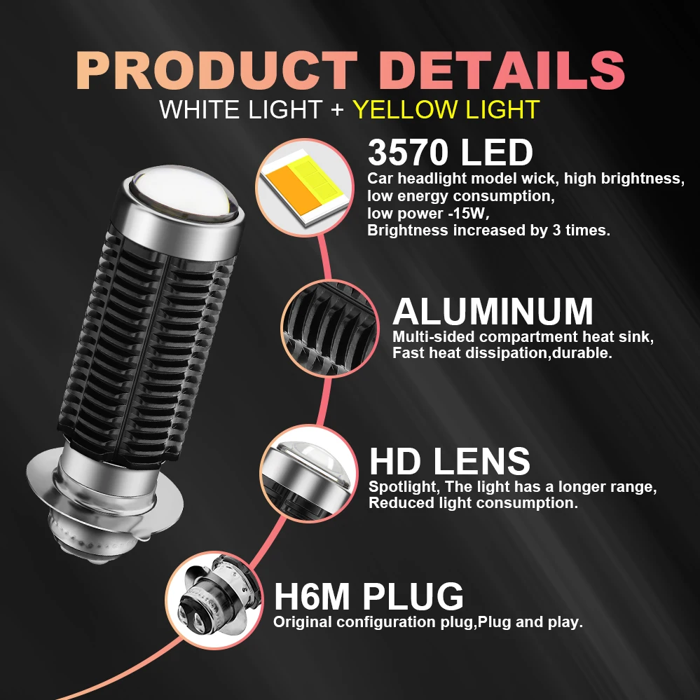 P15D H6M LED Motorcycle Headlight Bulb With Lens Amber/Yellow 3000K,6000K White High/Low Beam Double Coloer Spotlight for Yamaha