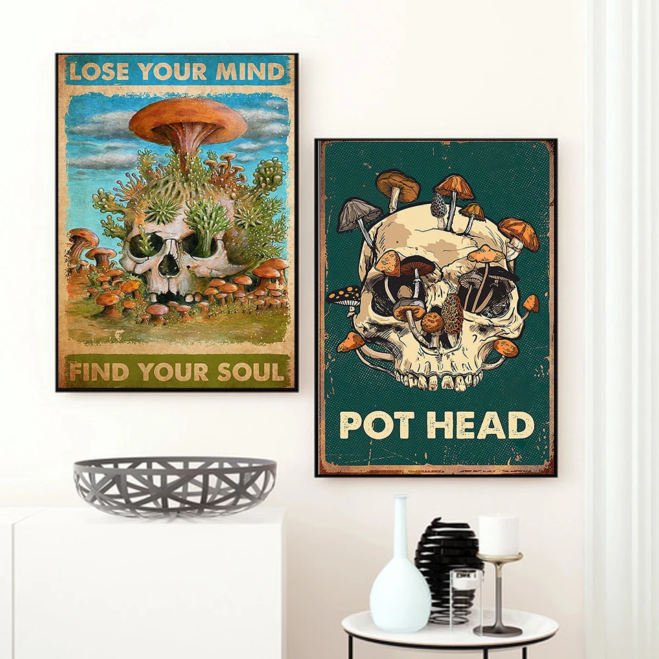 Find Your Soul Poster Mushroom Skull Canvas Painting Hippie Wall Art Pictures Nordic Modern Home Decor Frameless Retro Prints