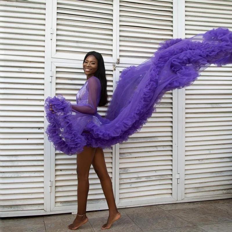 Purple Photo Shoot Tulle Robe Outfits For Black Women Tulle maniche lunghe See Through maternità photobot Dresses Rulles