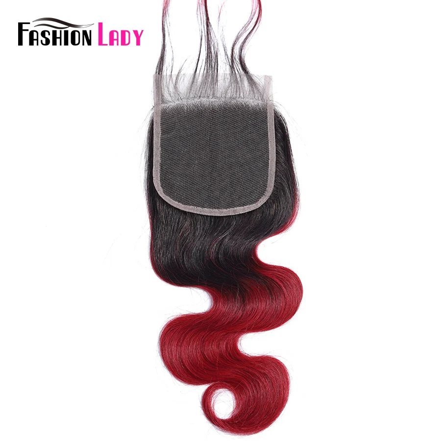 Ombre Closure 4x4 Human Hair Closure FASHION LADY T1b burgundy Pre-Colored Closures Brazilian Hair Body Wave Closure Non-Remy