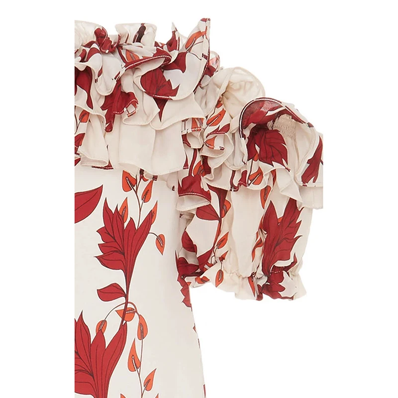 HIGH STREET New Summer 2026 Fashion Women\'s Elegant Cascading Ruffles Floral Print Slash Neck Beach Holiday Maxi Long Dress