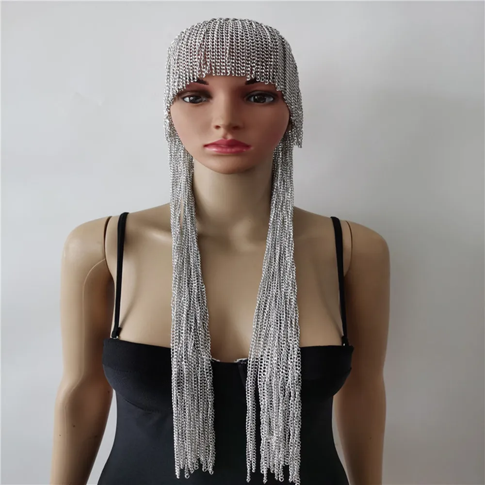 Custom 50-100 CM Metal Chain Headpiece Long Tassel Head Chains Hair Jewelry Punk Forehead Headband Hat Cap for Women Nightclub