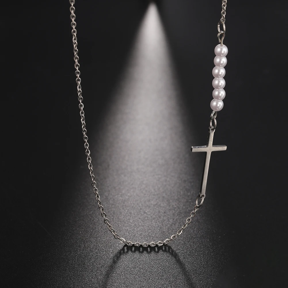 Cazador Stainless Steel Jesus Cross Choker Necklace for Women Imitation Pearl Jewelry Chain Necklace Birthday Gifts Anniversary