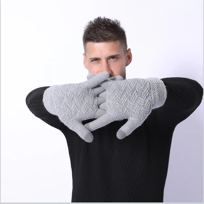 Fashion Winter Acrylic Wool Plus Plush Thick Jacquard Knit Warm Half Finger Mittens Men Full Finger Touch Screen Gloves C2