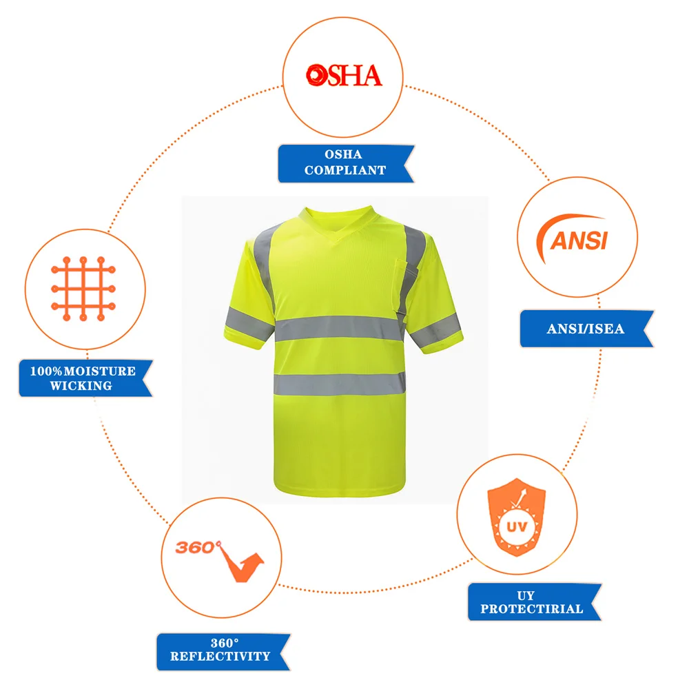 Aykrm oi vis t-camisa reflexiva segurança v pescoço secagem rápida ajuste workwear colete fluorescente amarelo trabalho topos engenheiro de