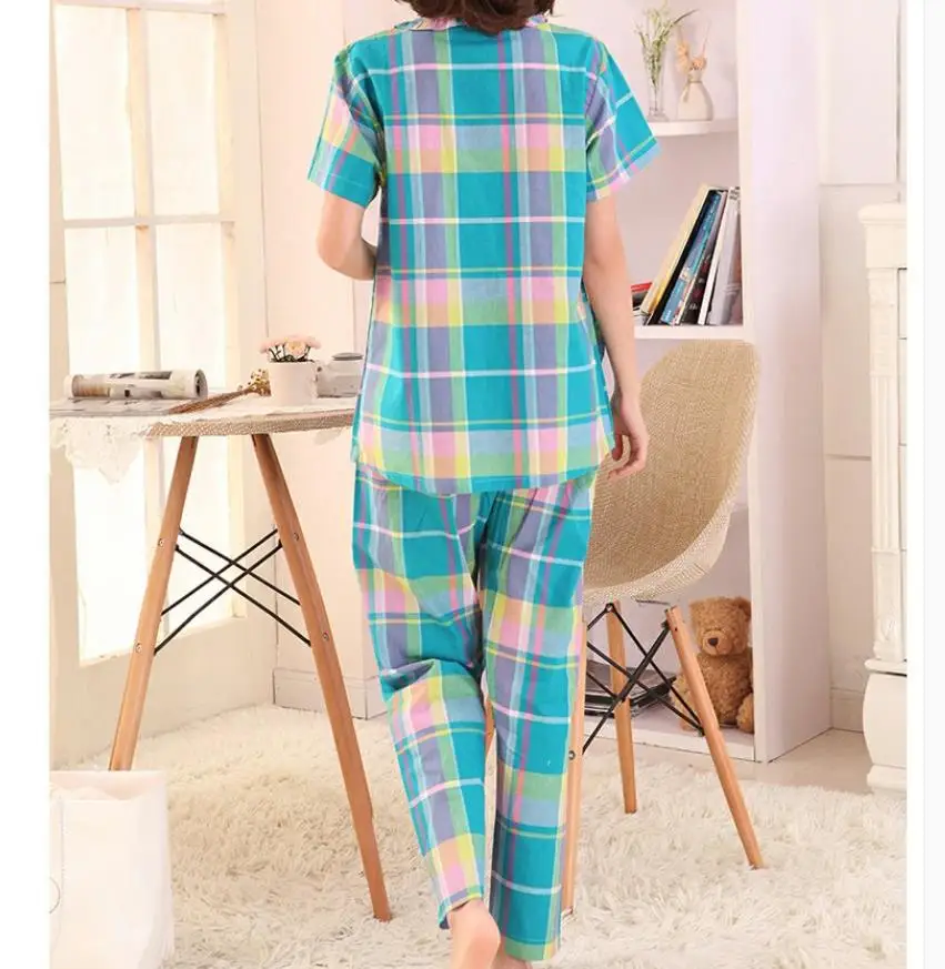 Pajamas Suit Cotton Summer Pajamas Women Trousers Pijamas Women Lattice Fashion Home Service Mother Clothes New 2022