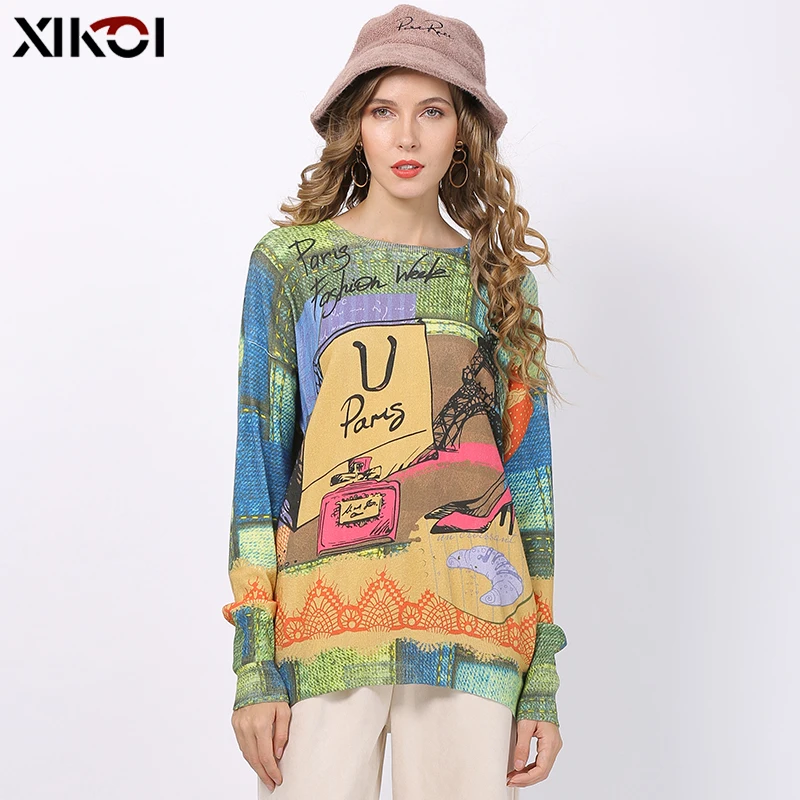 New XIKOI Winter Novel Print Sweater Women Pullovers Knitted O-Neck Jumper Women Oversized Warm Sweaters High Elastic Pull Femme