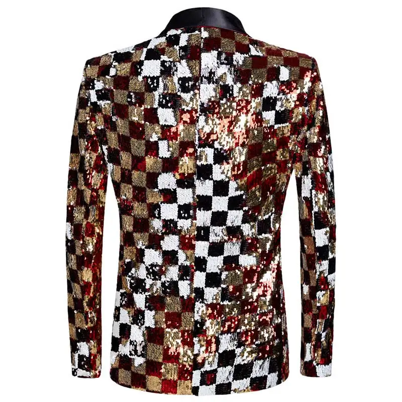 Shiny Square Plaid Sequin Tuxedo Blazer Men One Button Shawl Lapel Mens Party Suit Jacket Wedding Grom Stage Singer Costume 3XL