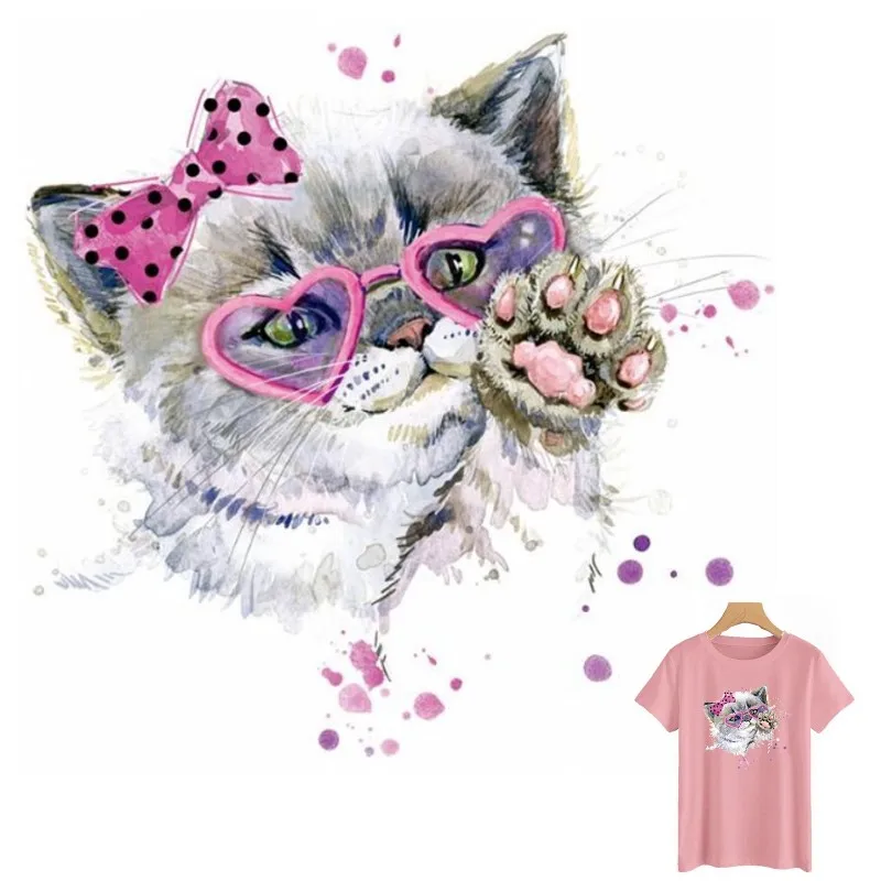 Cute Glasses Cat Animal Iron On Patches For DIY Heat Transfer Clothes T-Shirt Thermal Stickers Decoration Printing