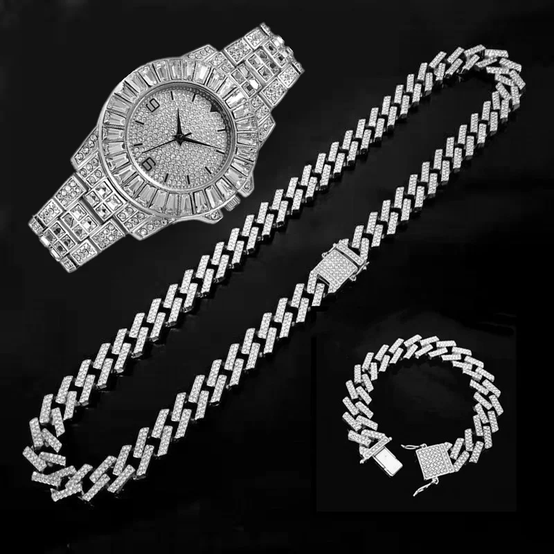 

Necklace Watch Bracelet Hip Hop Miami Curb Cuban Chain Gold Iced Out Paved Rhinestone CZ Bling Rapper for Men Jewelry Set Reloj