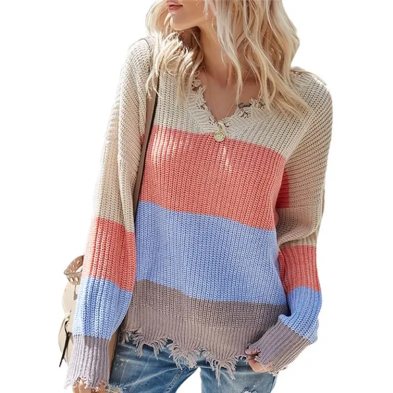 2020 Autumn And Winter New V-neck Striped Contrast Sweater Long-sleeved Open Back Pullover