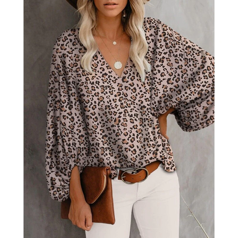 CINESSD-Blusa con estampado Floral para mujer, blusa holgada con cuello de pico y manga larga de linterna, con estampado de flores y sol, estilo informal, para oficina, 2023